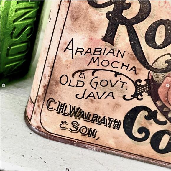 Antique Rare Shabby Rose Bud Coffee Tin Can Canister Box Hinged Lid Paper Label - Picture 3 of 10